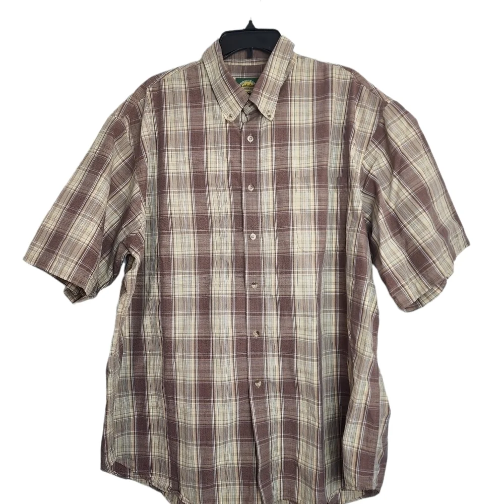 Cabela's Plaid Cream & Brown Men's Short Sleeve Shirt Size 2XL - Picture 1 of 5